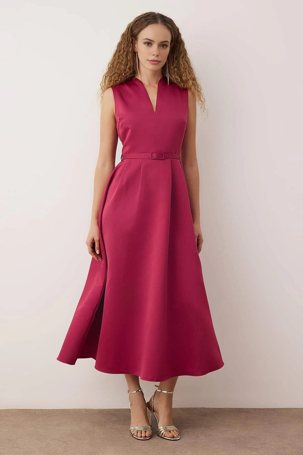 Belted V-Neck Satin Maxi Evening Dress