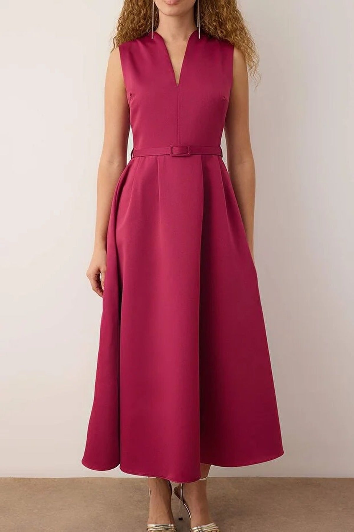 Belted V-Neck Satin Maxi Evening Dress