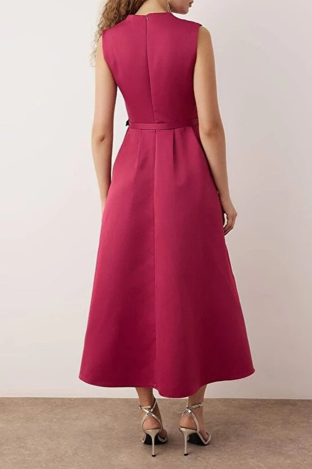 Belted V-Neck Satin Maxi Evening Dress