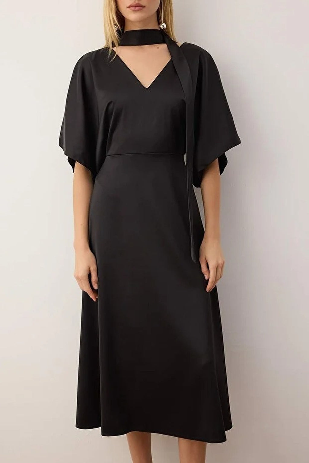 V-Neck Midi Woven Dress with Scarf