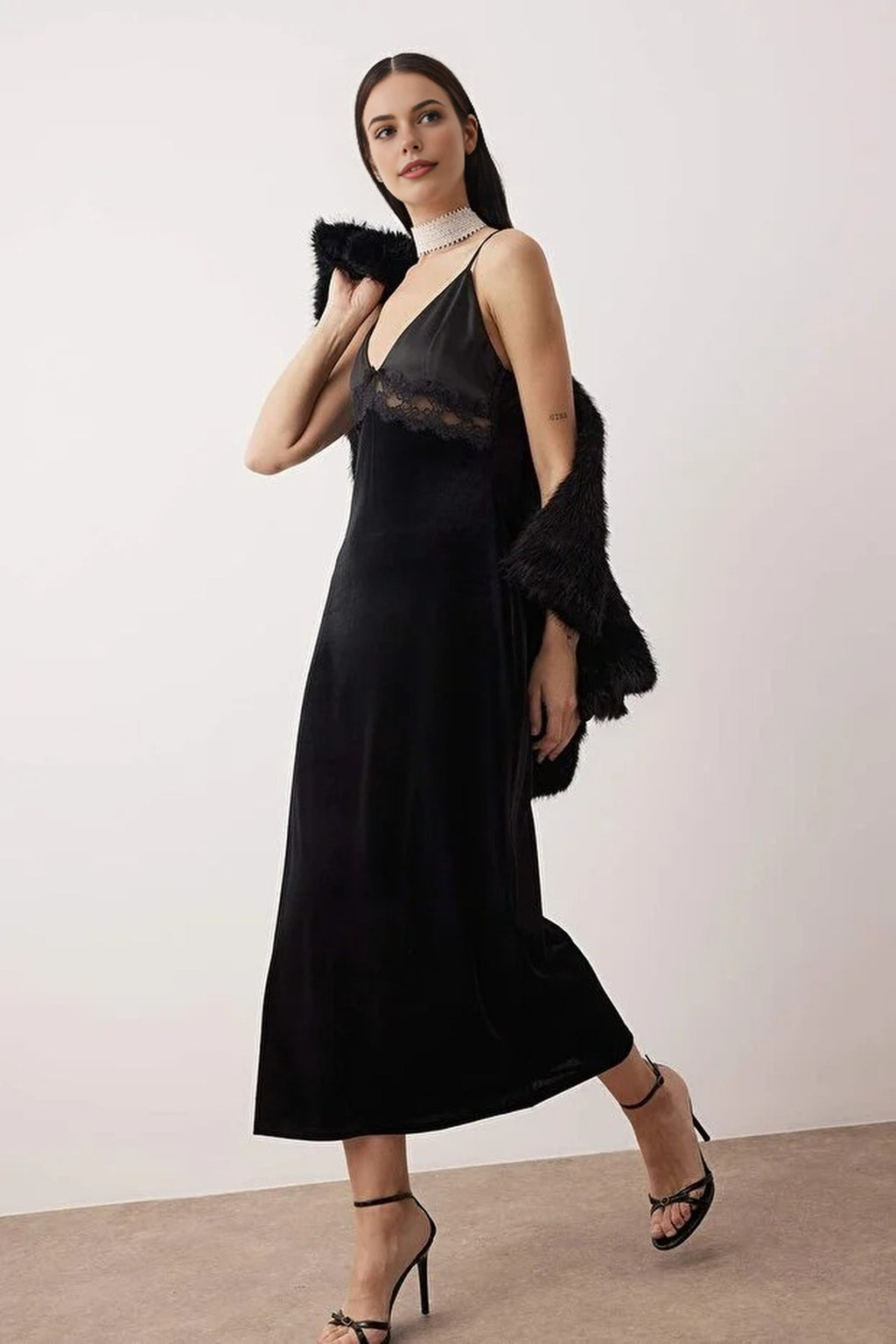 Velvet Satin Dress with Lace Details