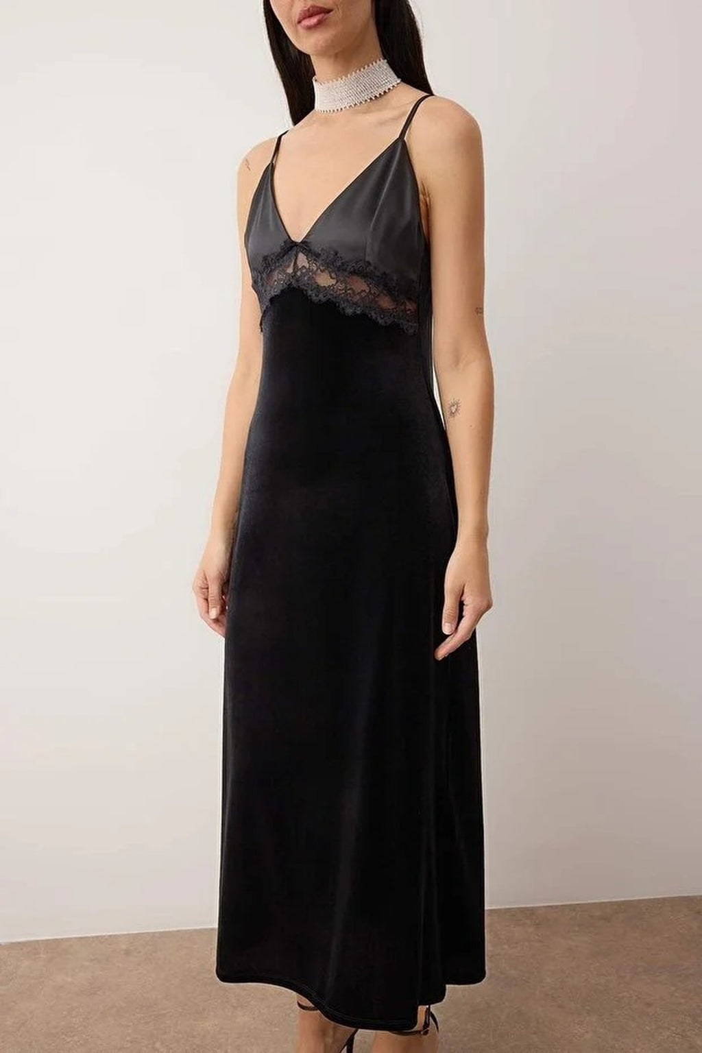 Velvet Satin Dress with Lace Details