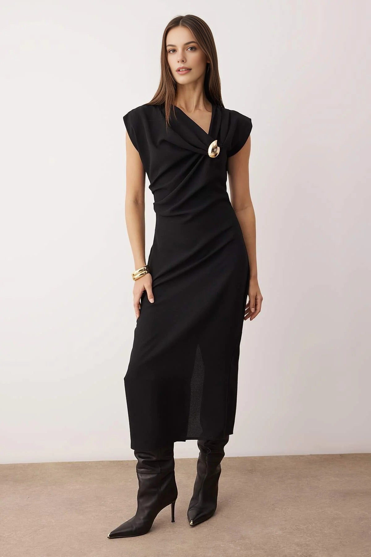 Midi Woven Dress with Accessory Details