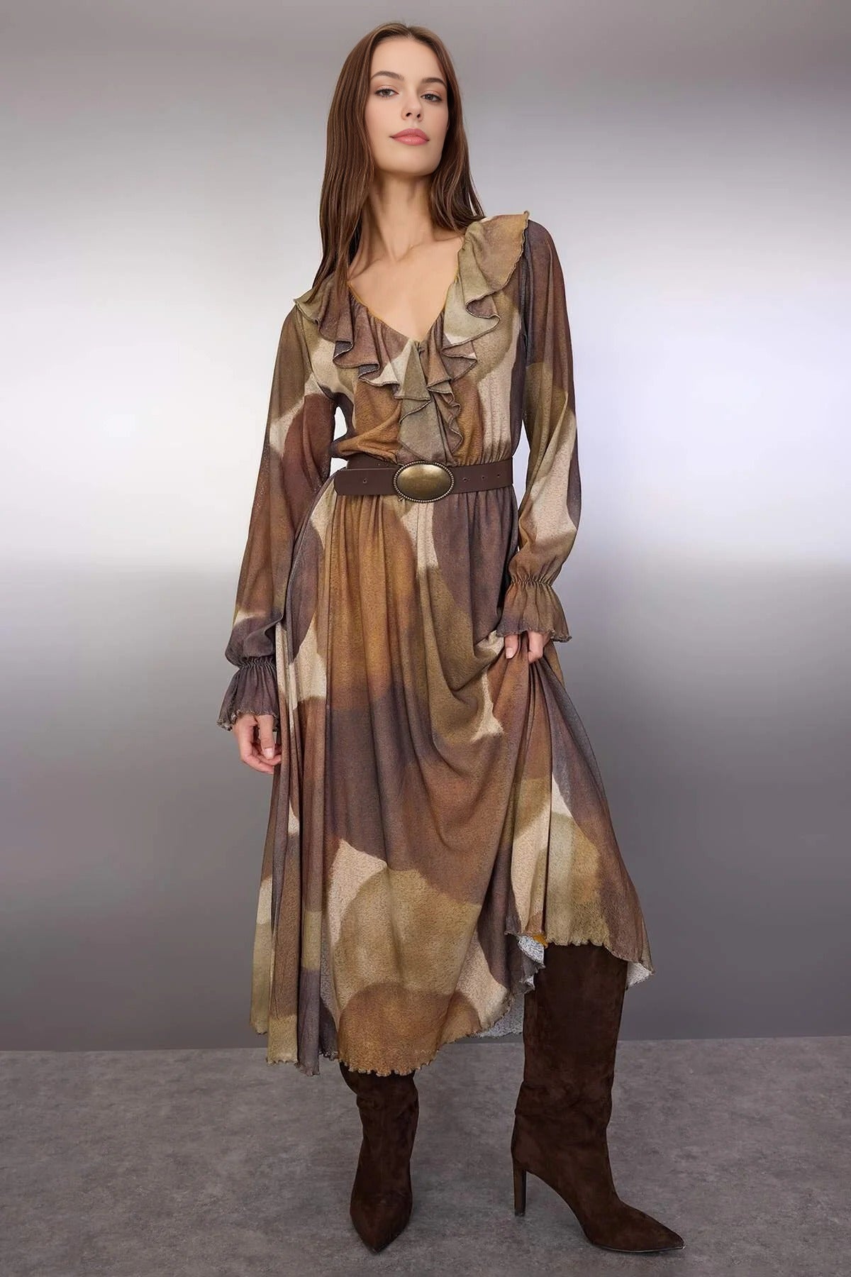 Printed Ruffle Detail Maxi Stretch Knit Dress