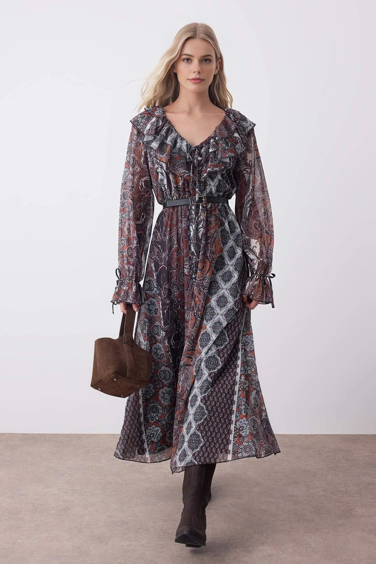 Printed Ruffle Detail Skater Midi Stretchy Knit Dress