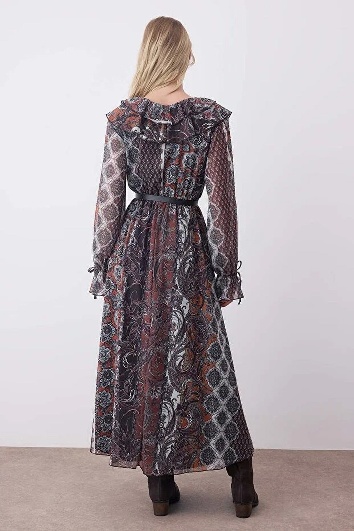 Printed Ruffle Detail Skater Midi Stretchy Knit Dress