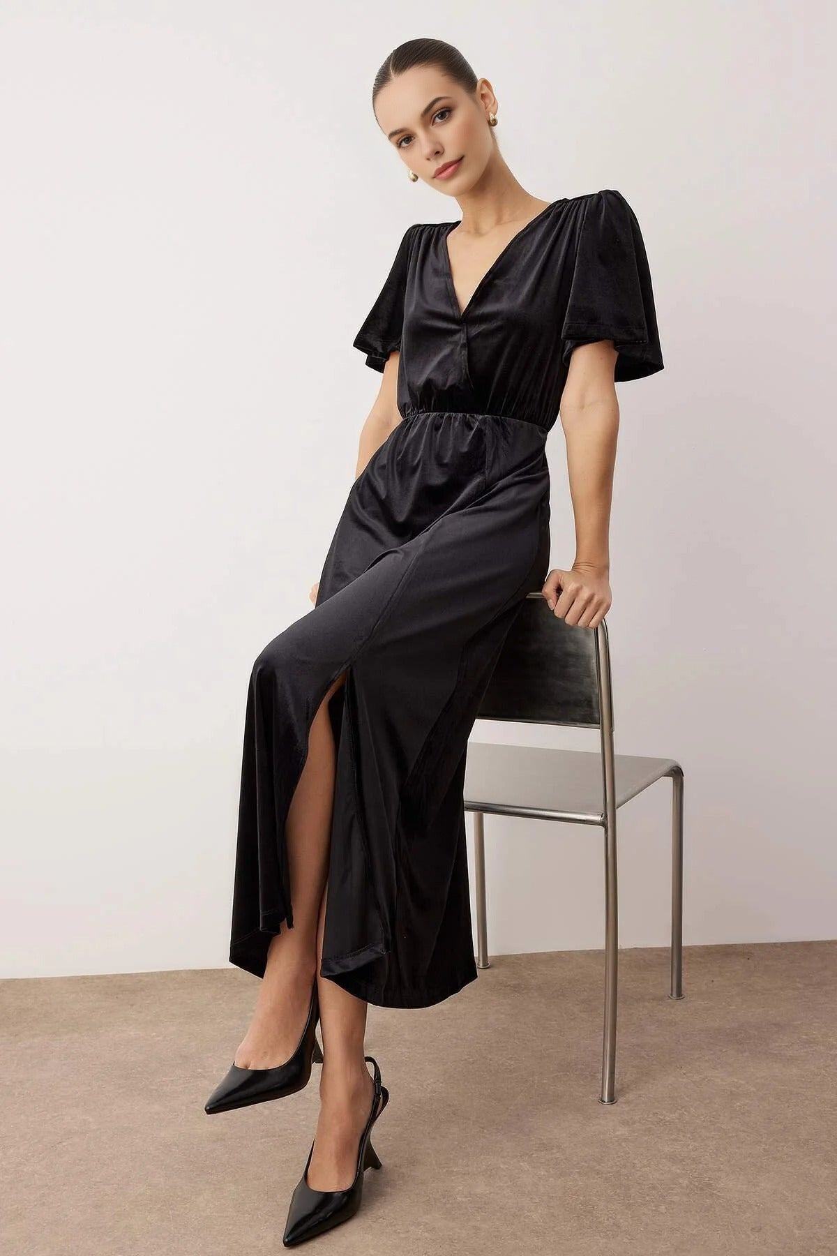 Velvet Wrap V-Neck Midi Knitted Dress