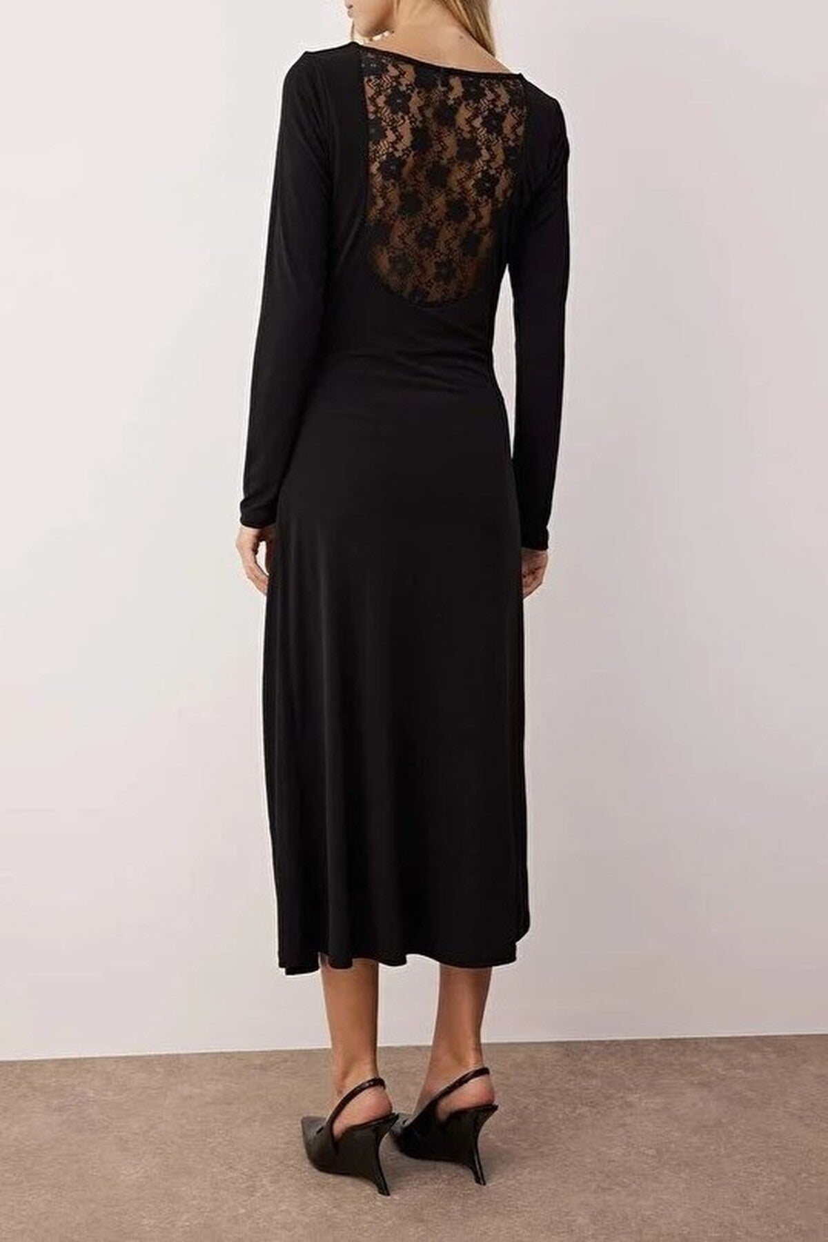 A-line Stretch Maxi Knit Dress with Lace Back Detail