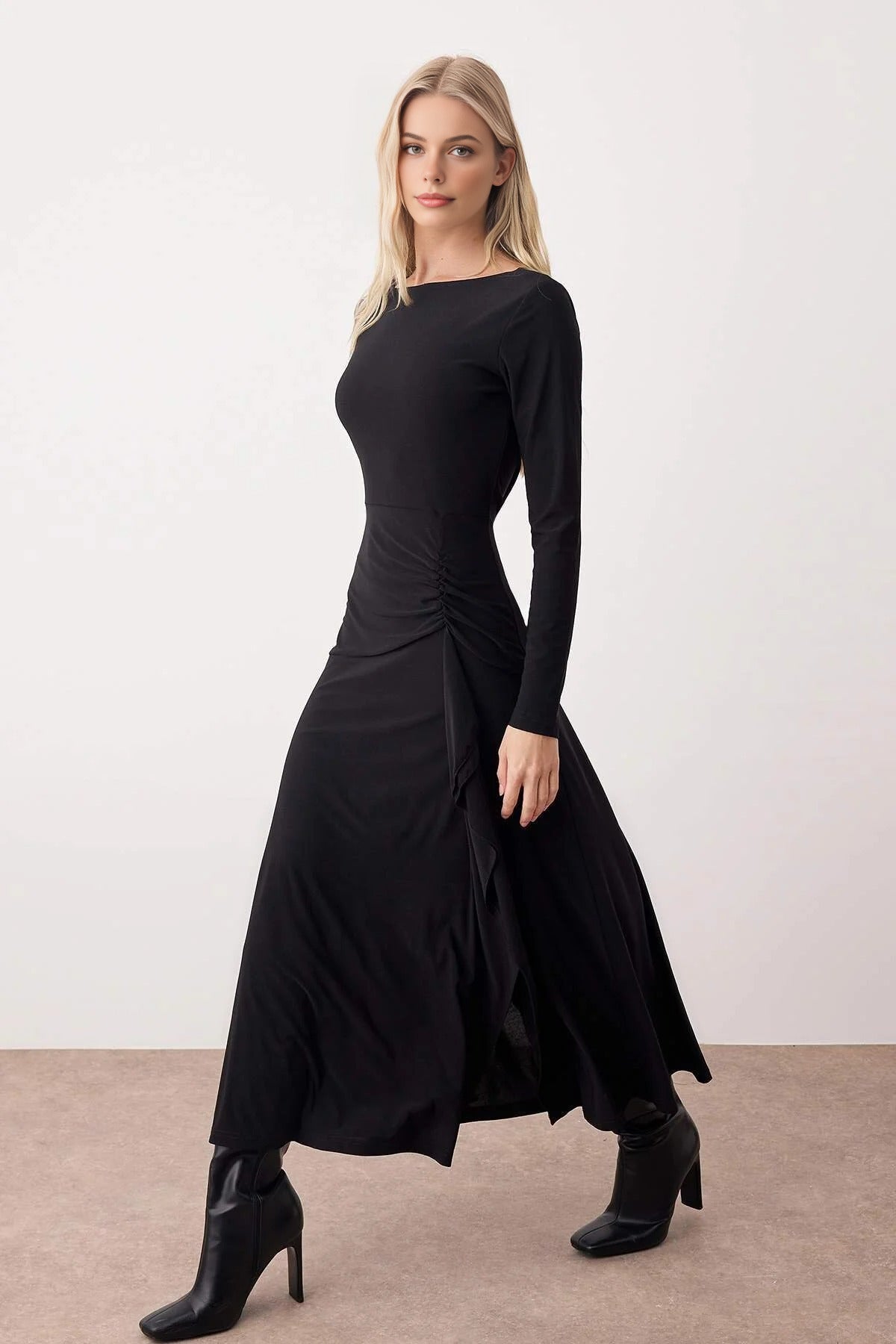 Boat Neck Maxi Knit Dress with Frill and Ruffle Details