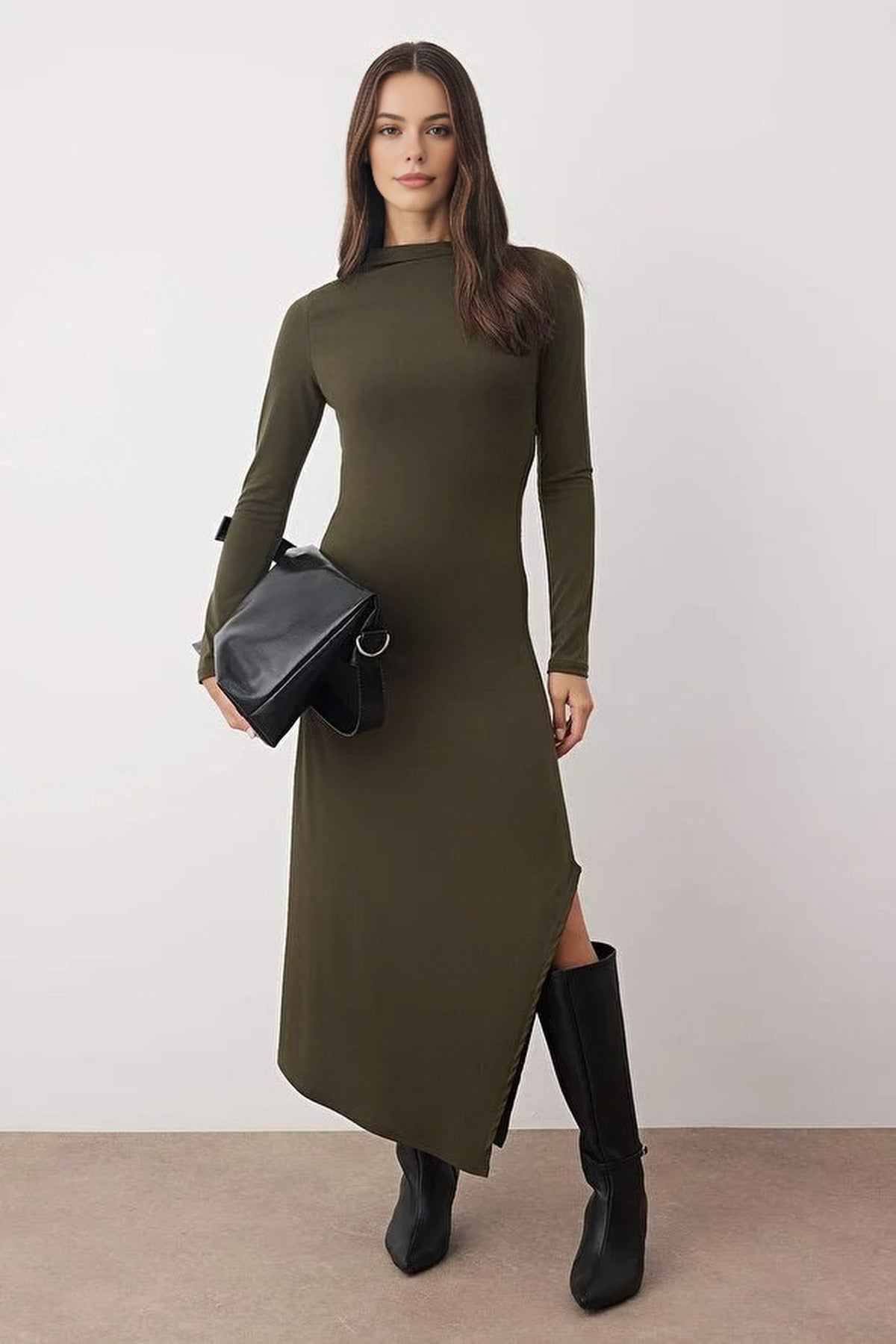 High Neck Lined Asymmetrical A-line Stretchy Midi Knit Dress
