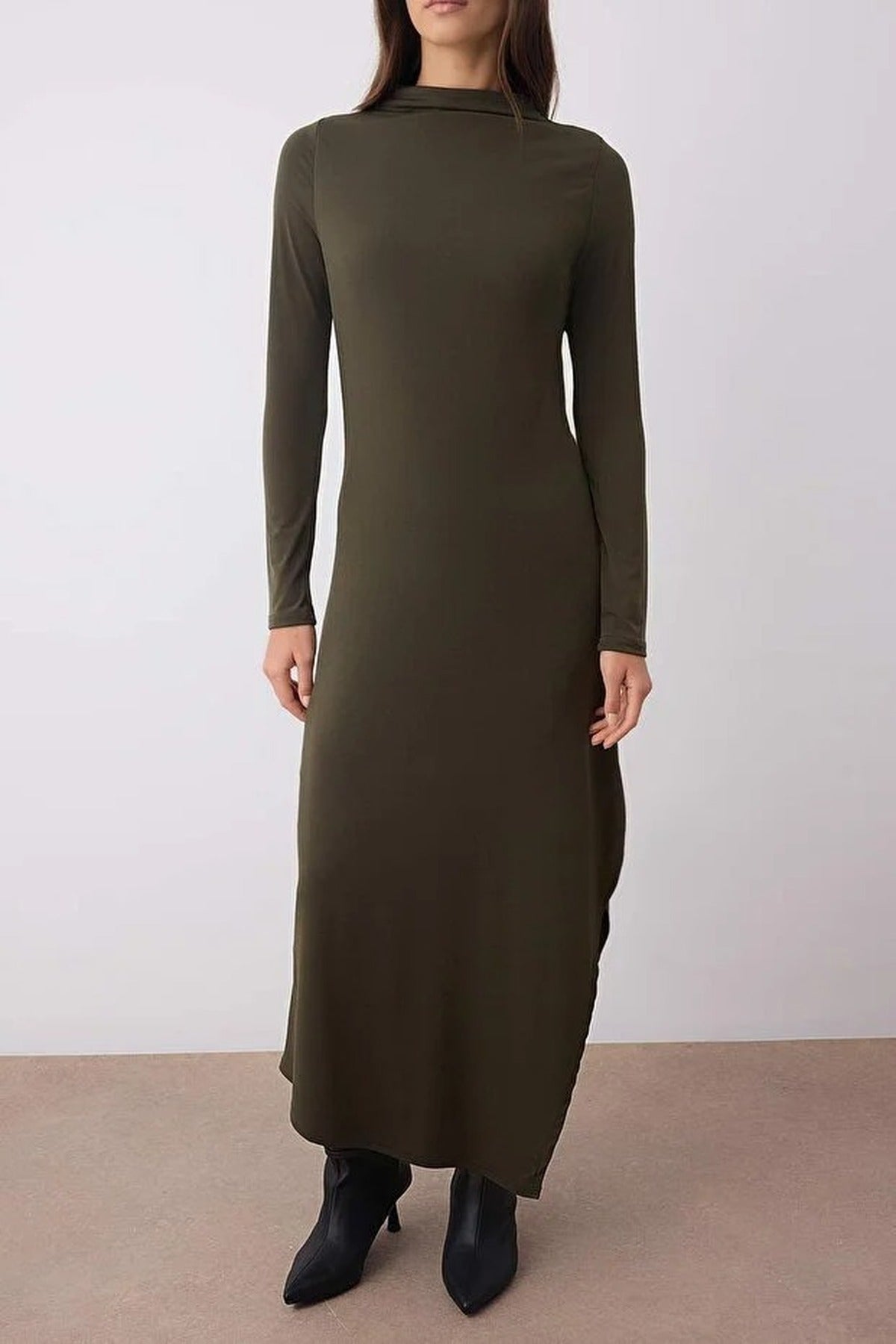 High Neck Lined Asymmetrical A-line Stretchy Midi Knit Dress