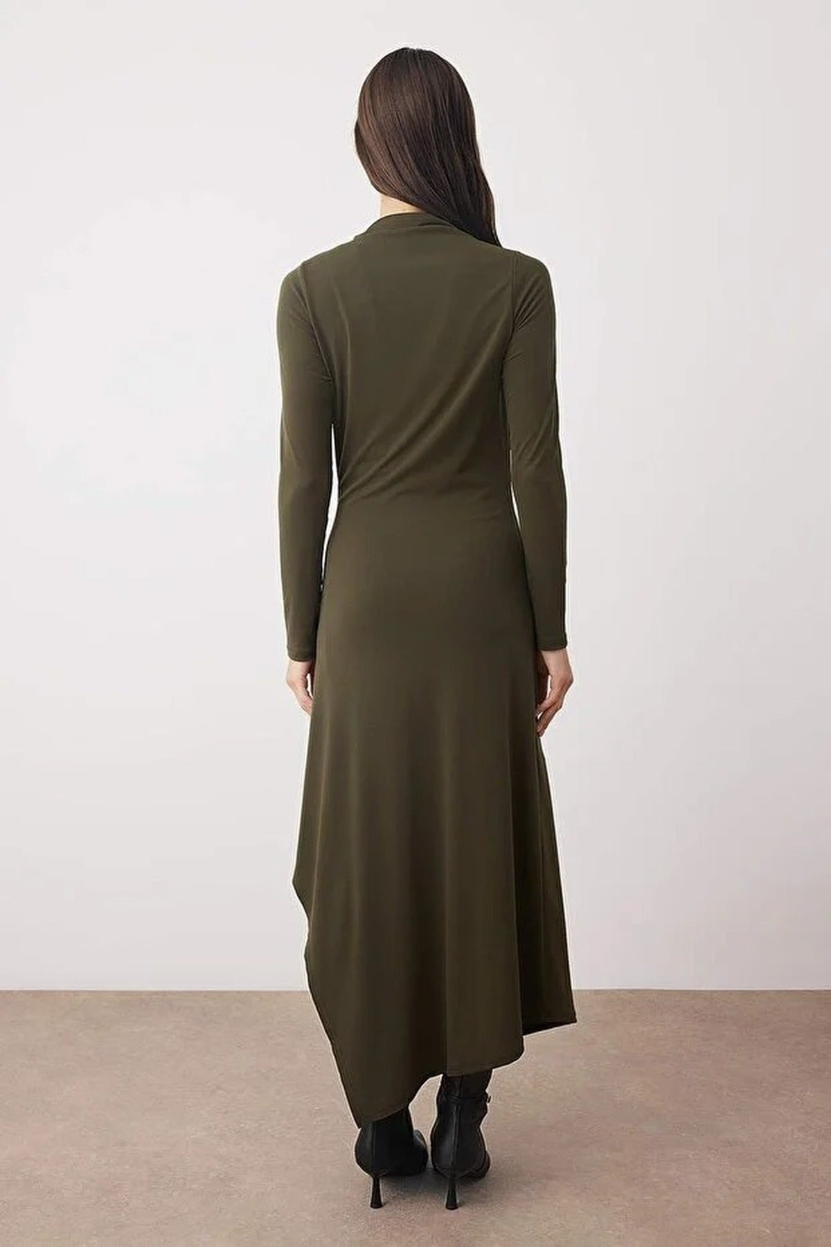 High Neck Lined Asymmetrical A-line Stretchy Midi Knit Dress