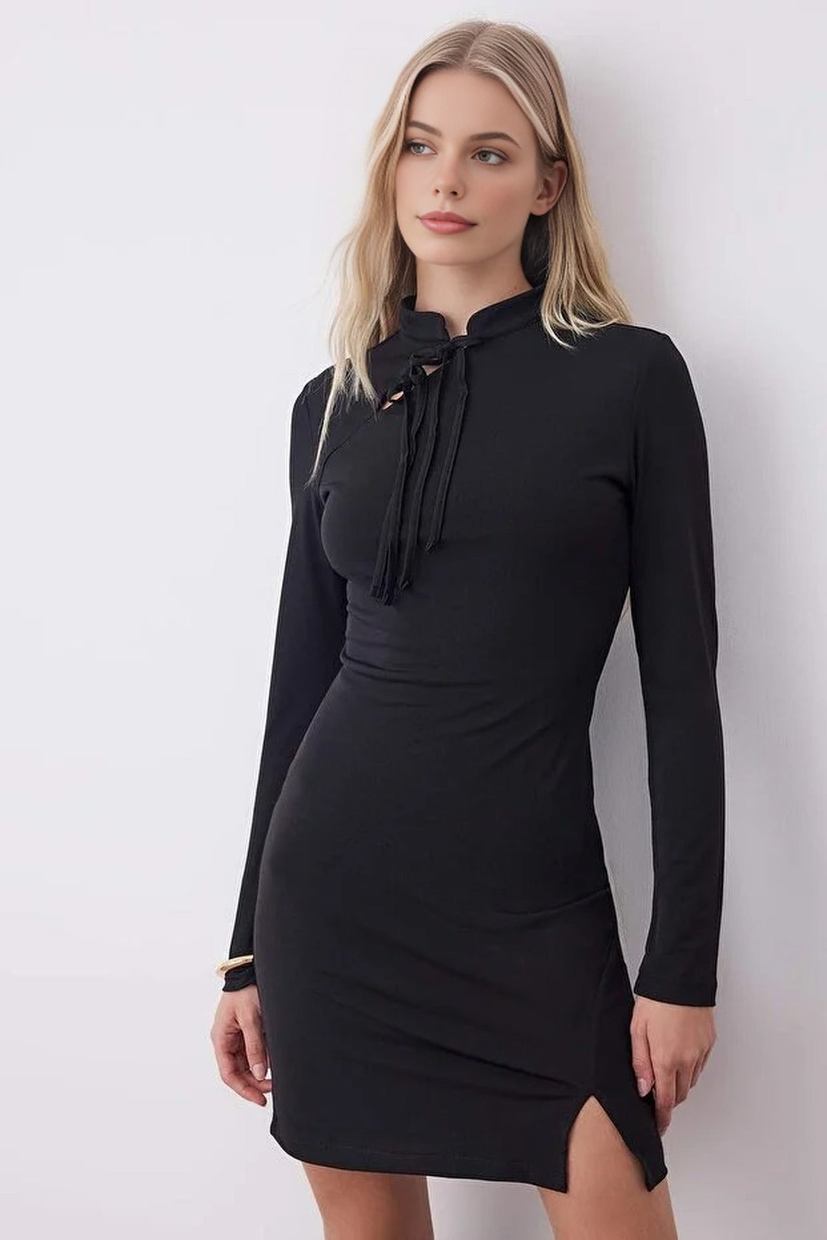 Mini Stretchy Knit Dress with Tie Detail