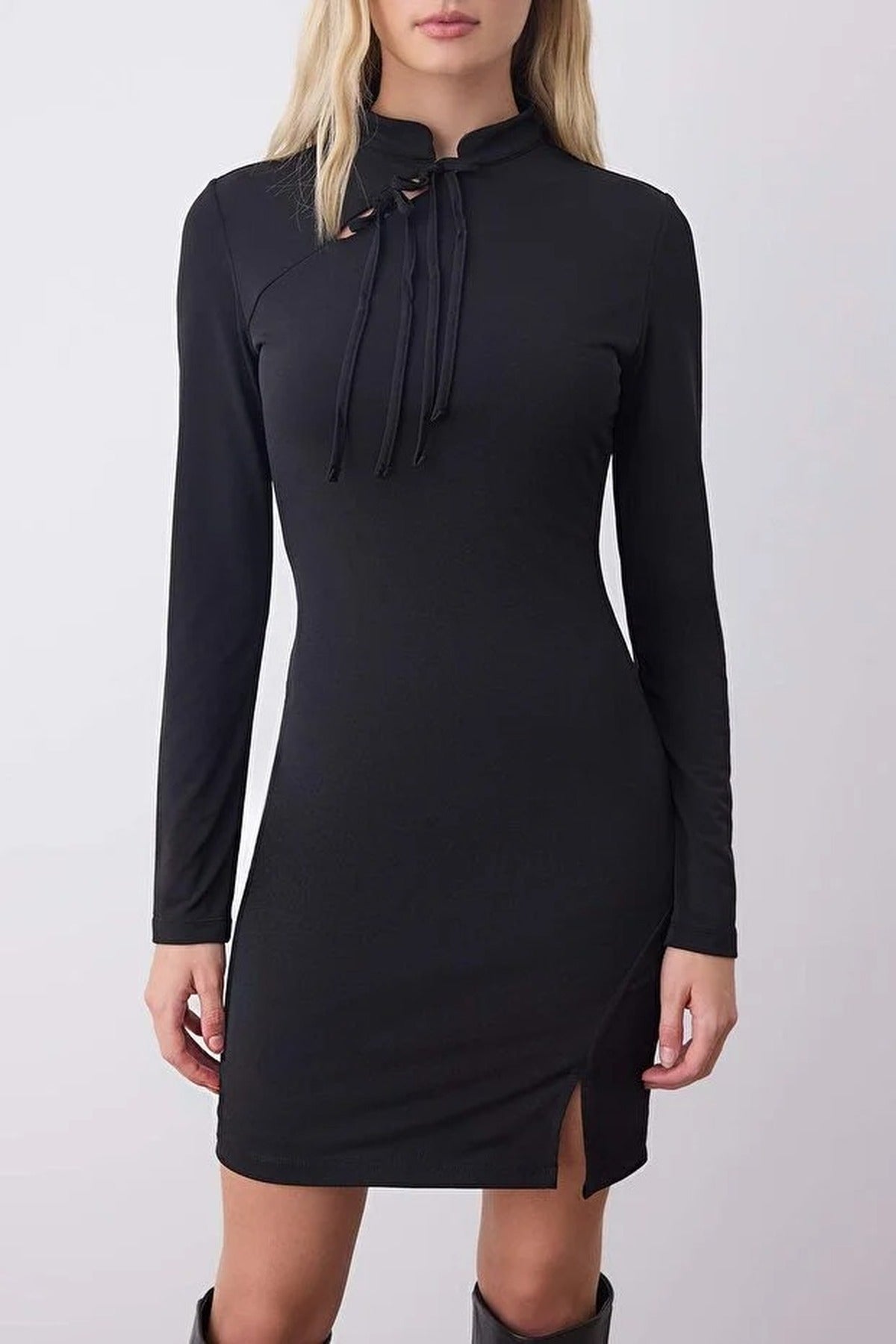 Mini Stretchy Knit Dress with Tie Detail