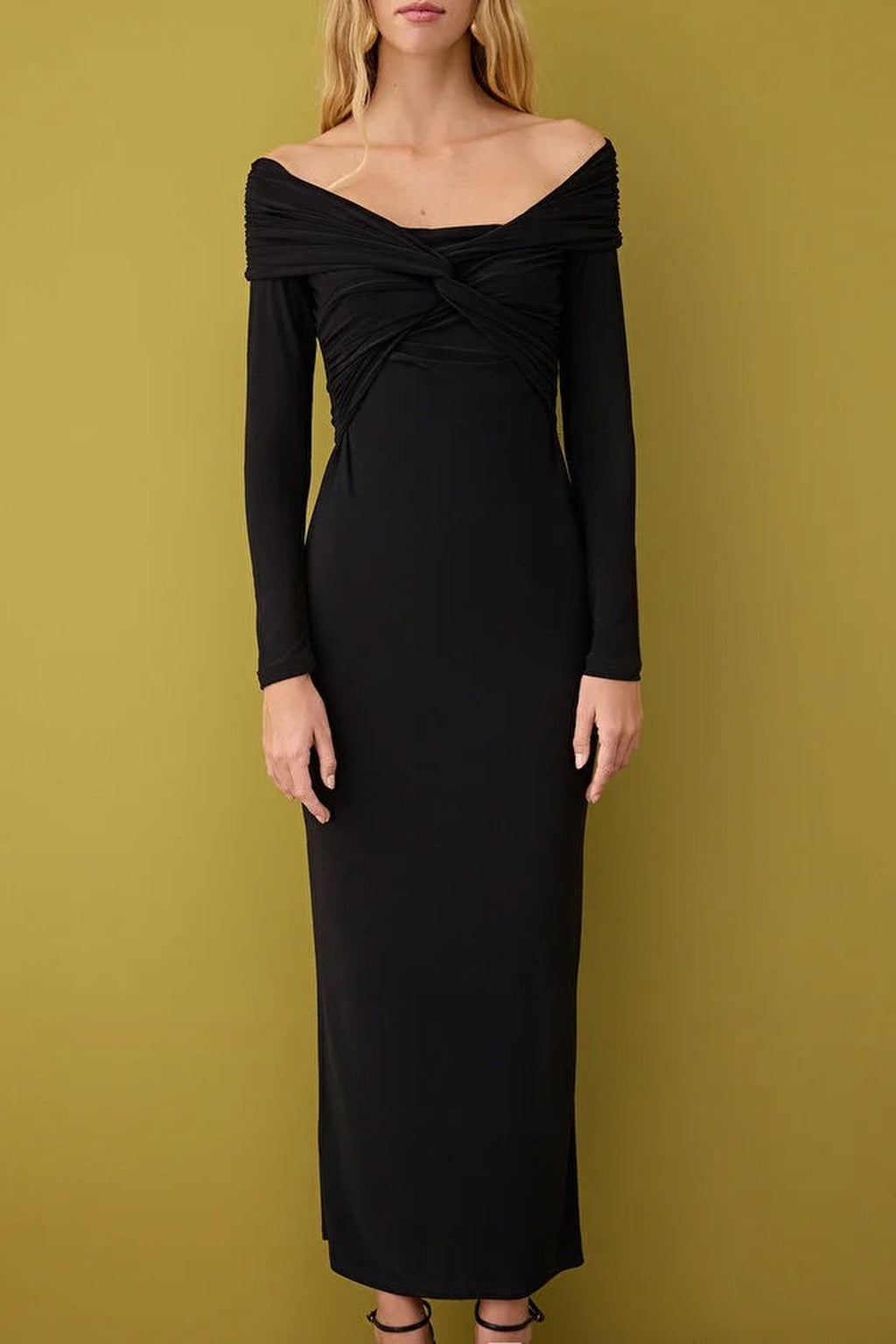 Collar Detail Knitted Midi Unlined Evening Dress