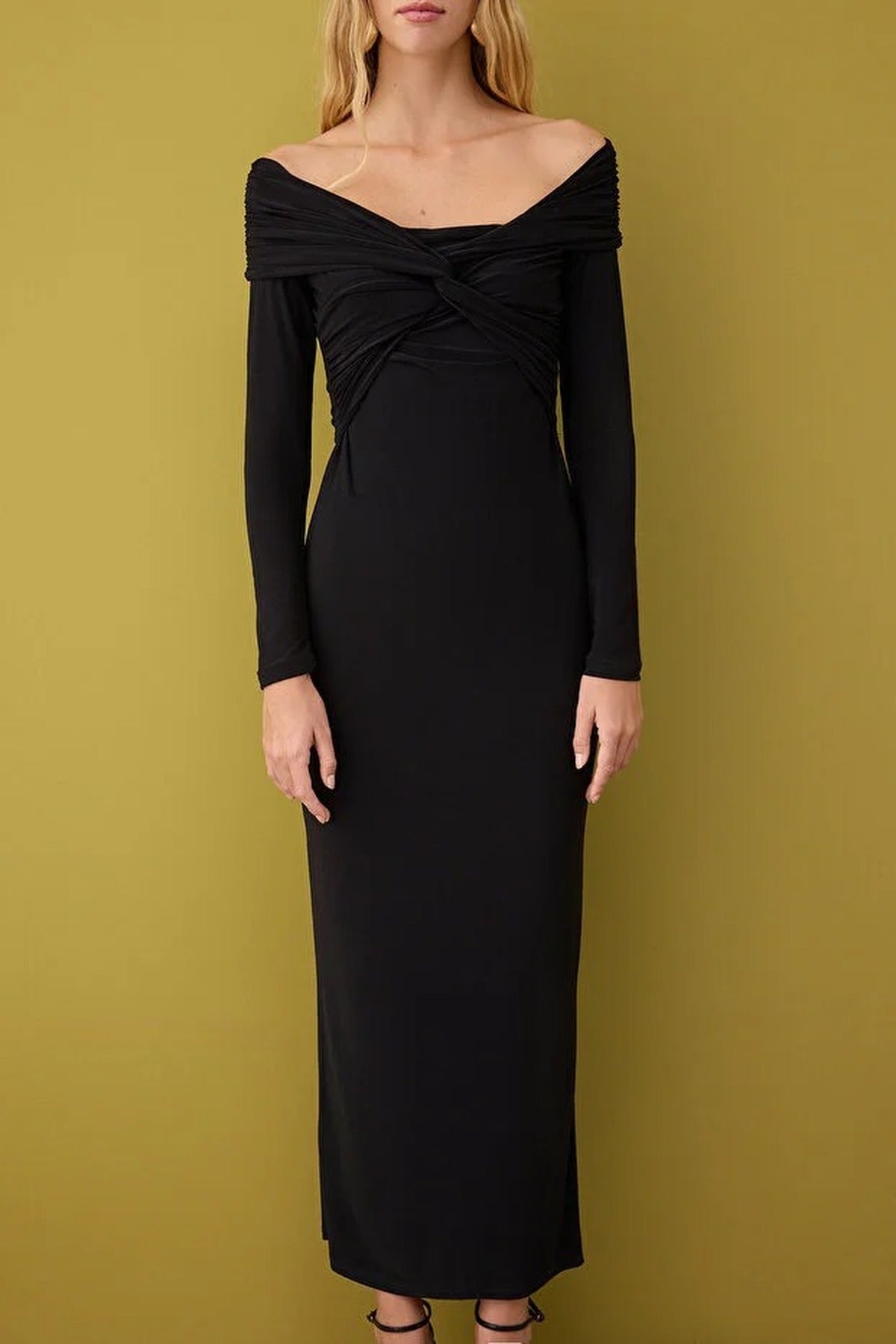 Collar Detail Knitted Midi Unlined Evening Dress