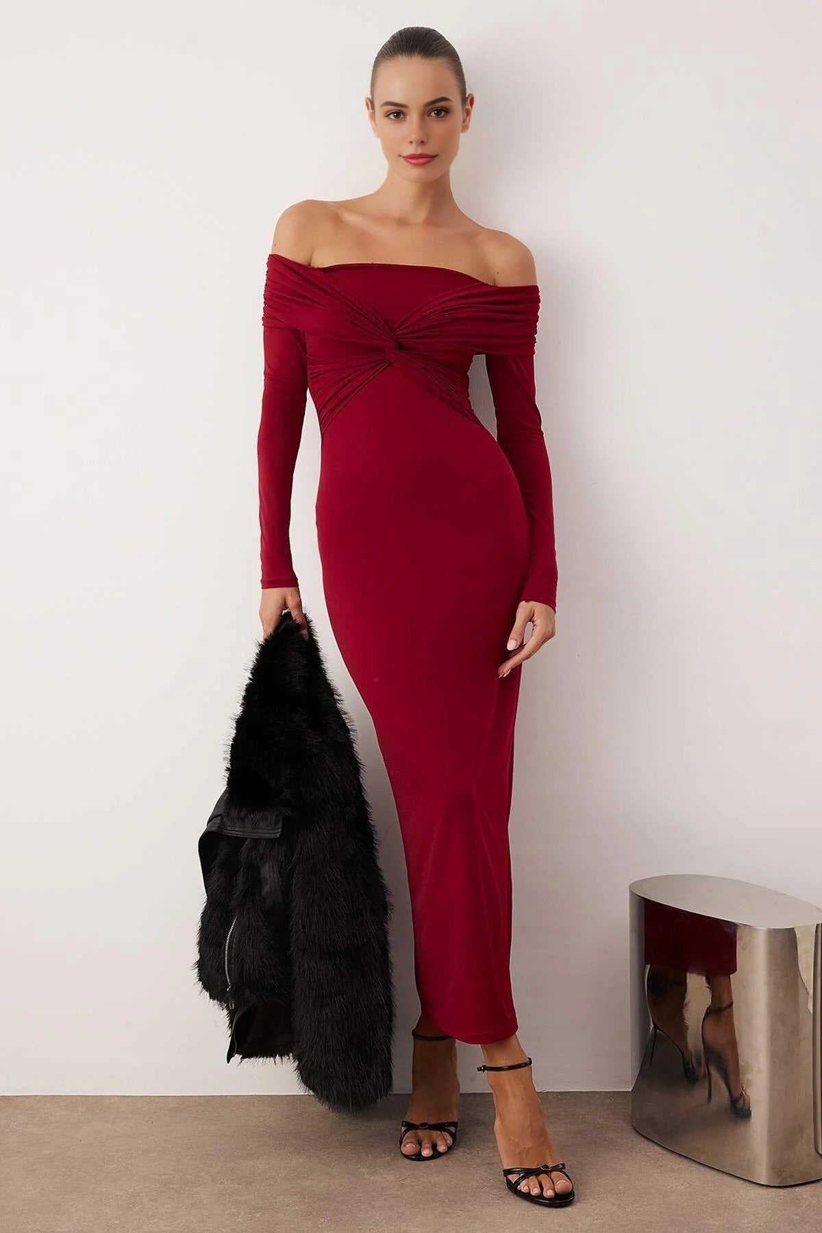 Collar Detail Knitted Midi Unlined Evening Dress