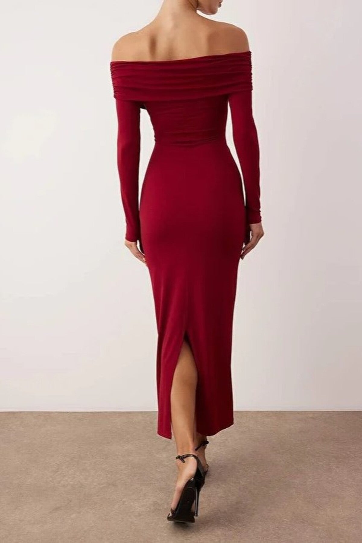 Collar Detail Knitted Midi Unlined Evening Dress