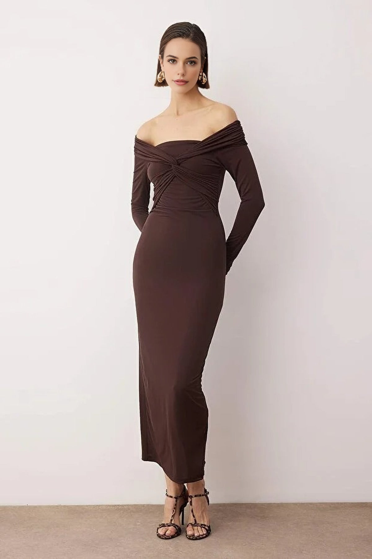 Collar Detail Knitted Midi Unlined Evening Dress