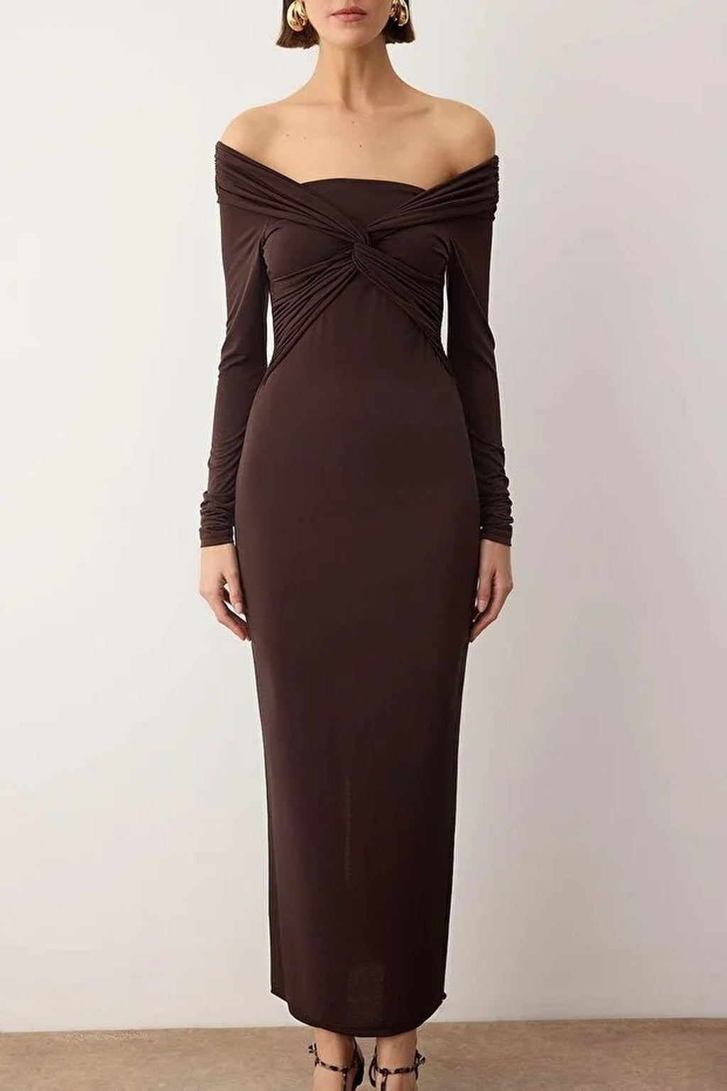Collar Detail Knitted Midi Unlined Evening Dress