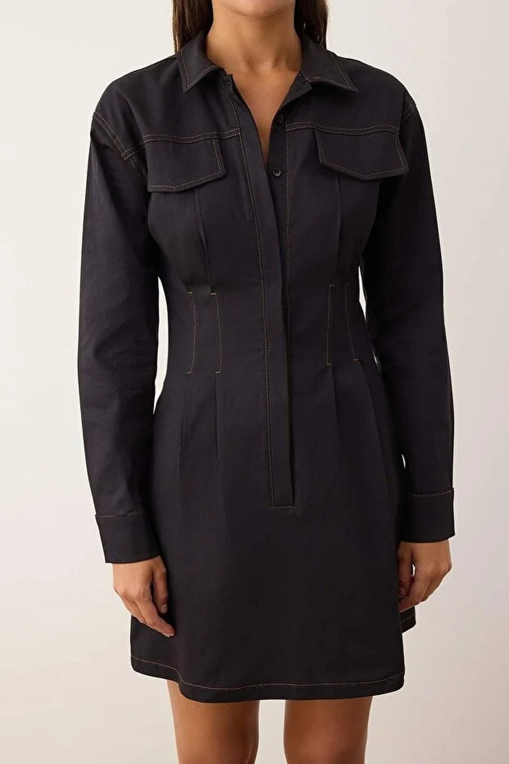 Mini Woven Shirt Dress with Stitching Detail