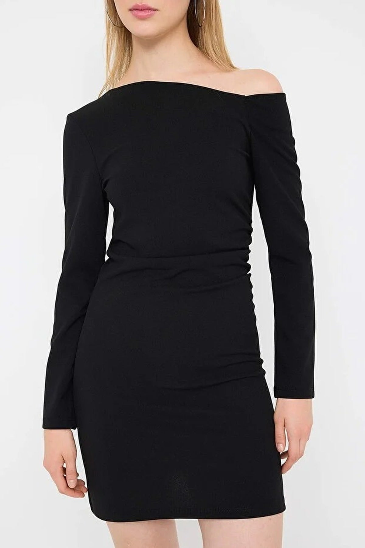 Drape Detail Mini Ribbed Stretch Knit Dress