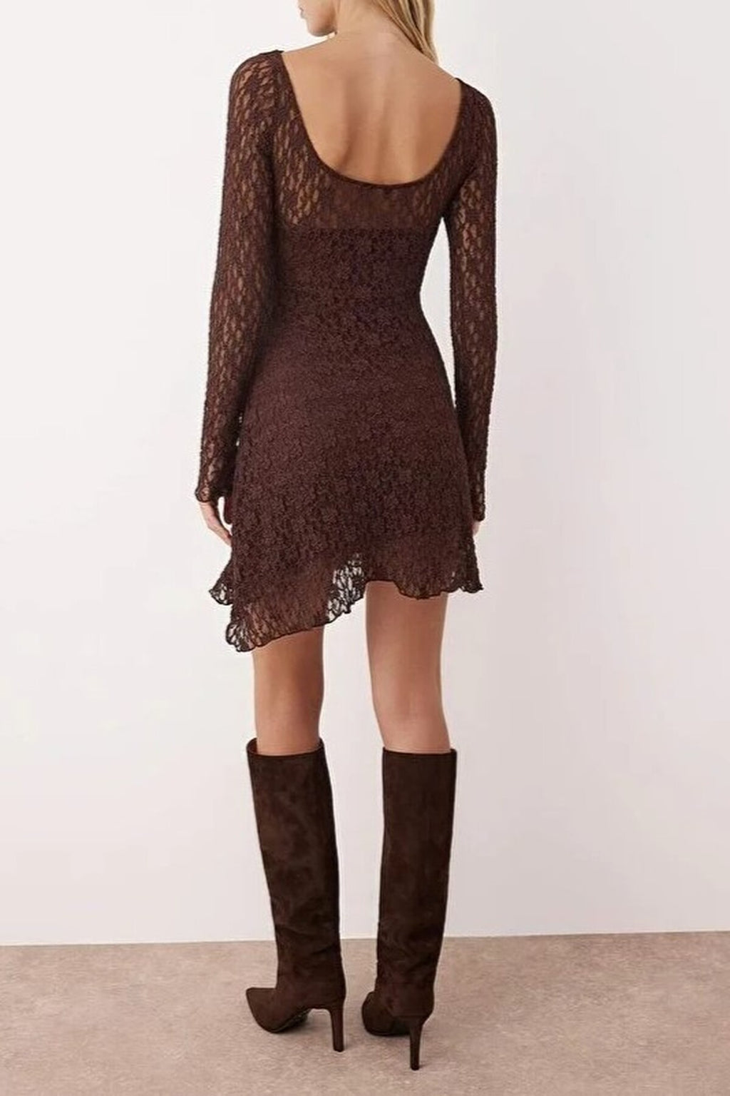 Asymmetrical Mini Lace Knit Dress with Back Detail