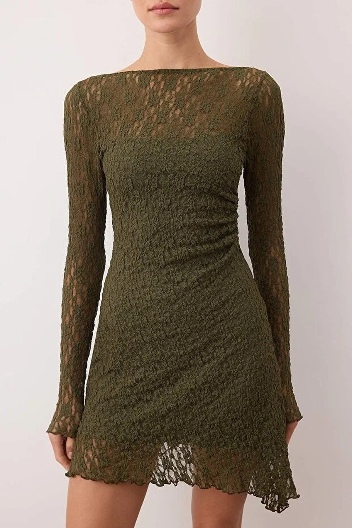 Asymmetrical Mini Lace Knit Dress with Back Detail