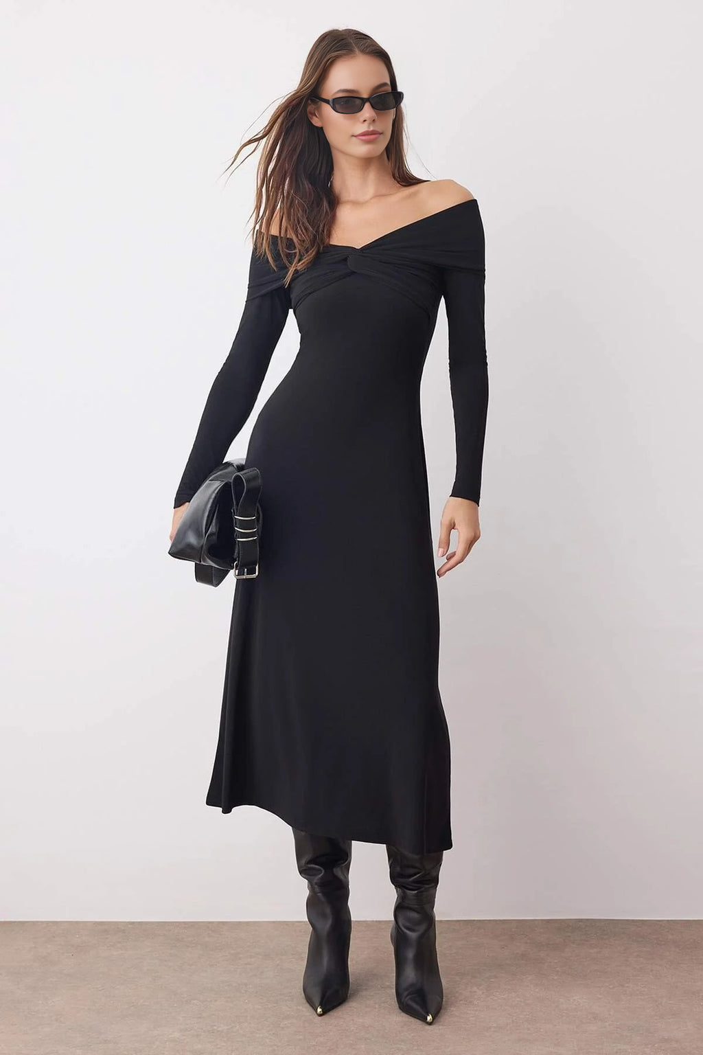 Carmen Collar A-Line Stretch Knit Midi Dress