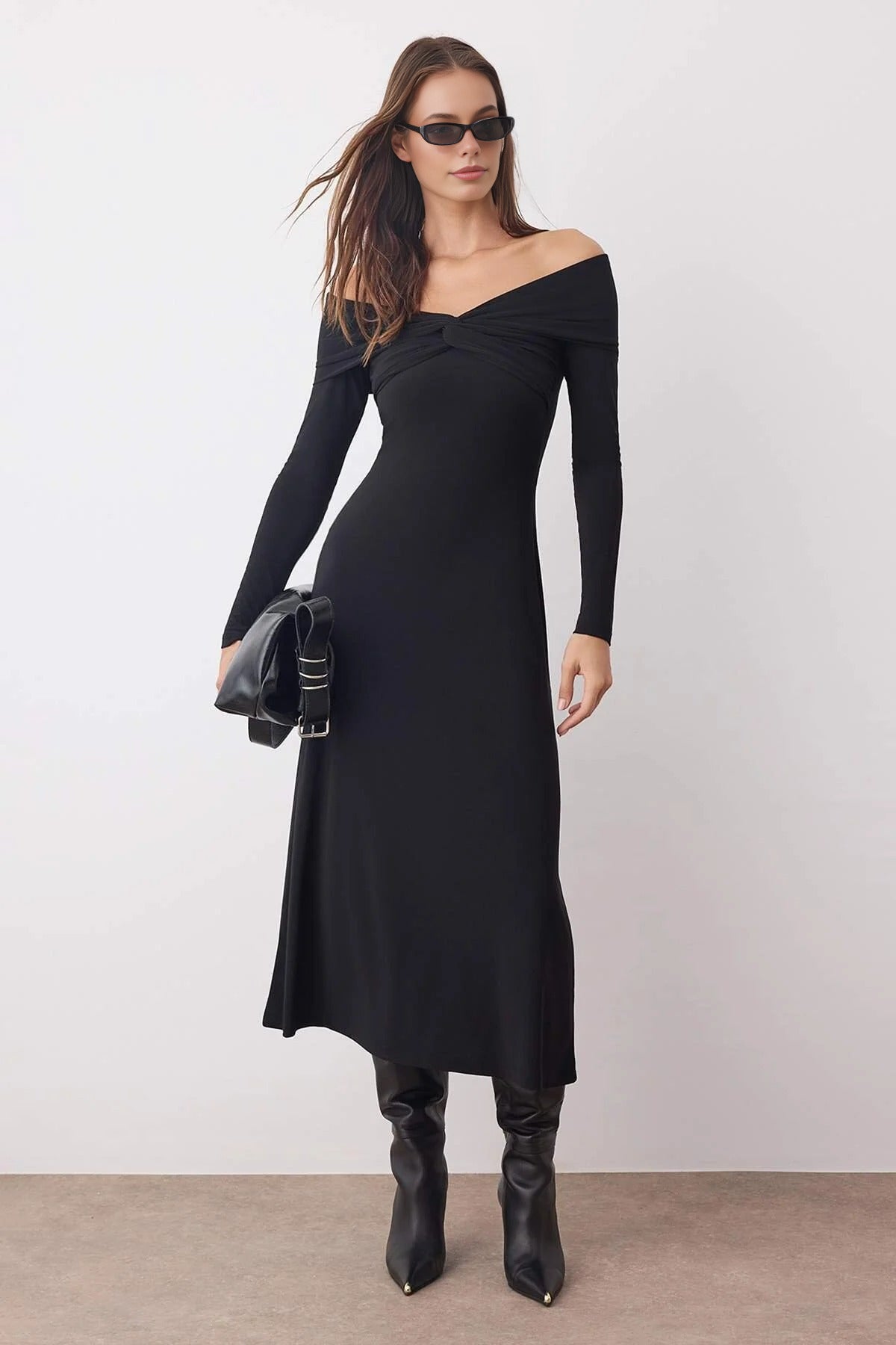 Carmen Collar A-Line Stretch Knit Midi Dress