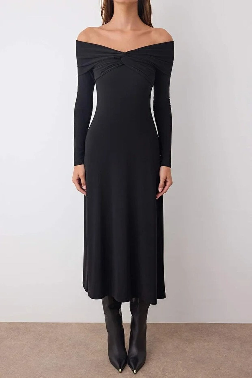 Carmen Collar A-Line Stretch Knit Midi Dress