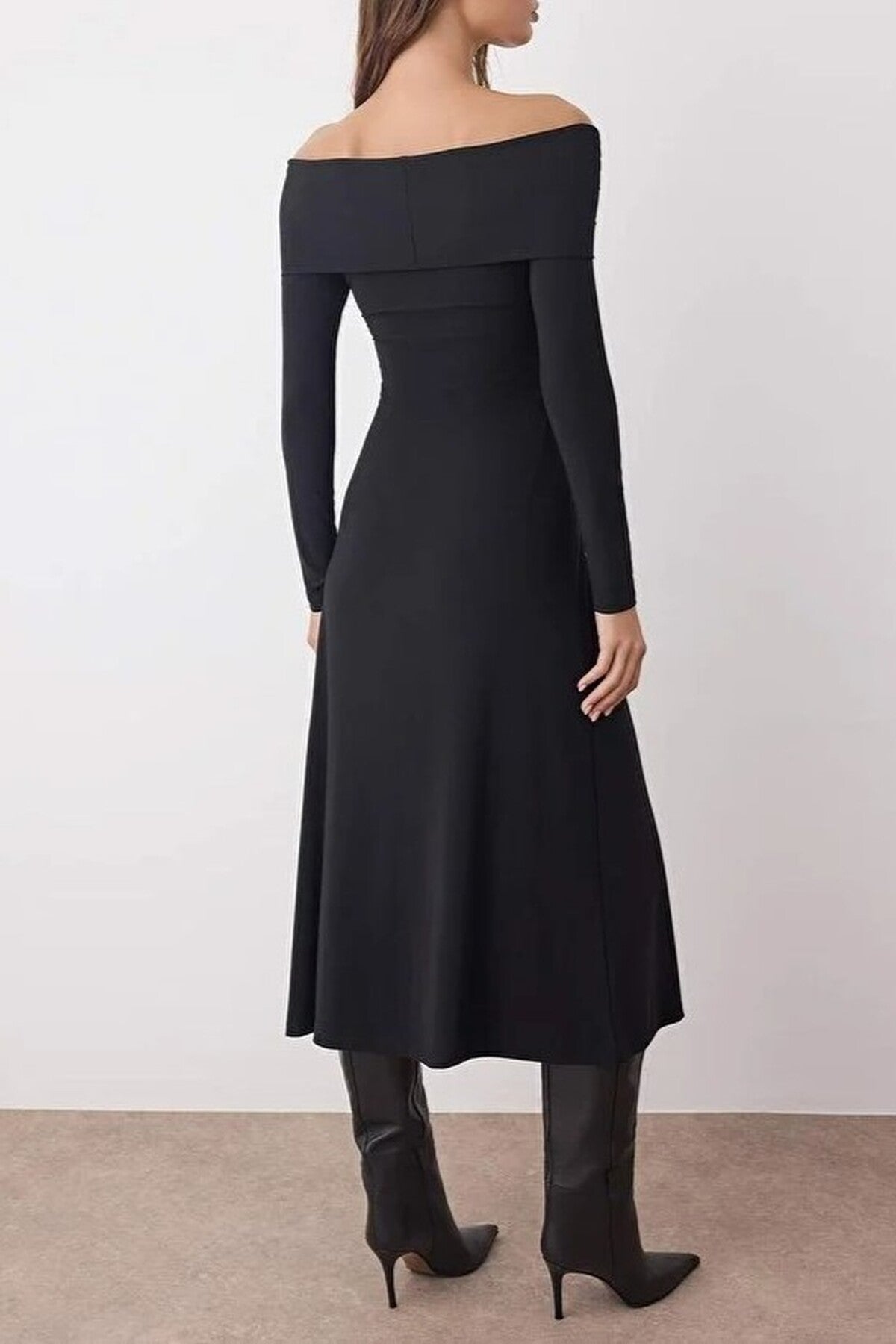 Carmen Collar A-Line Stretch Knit Midi Dress