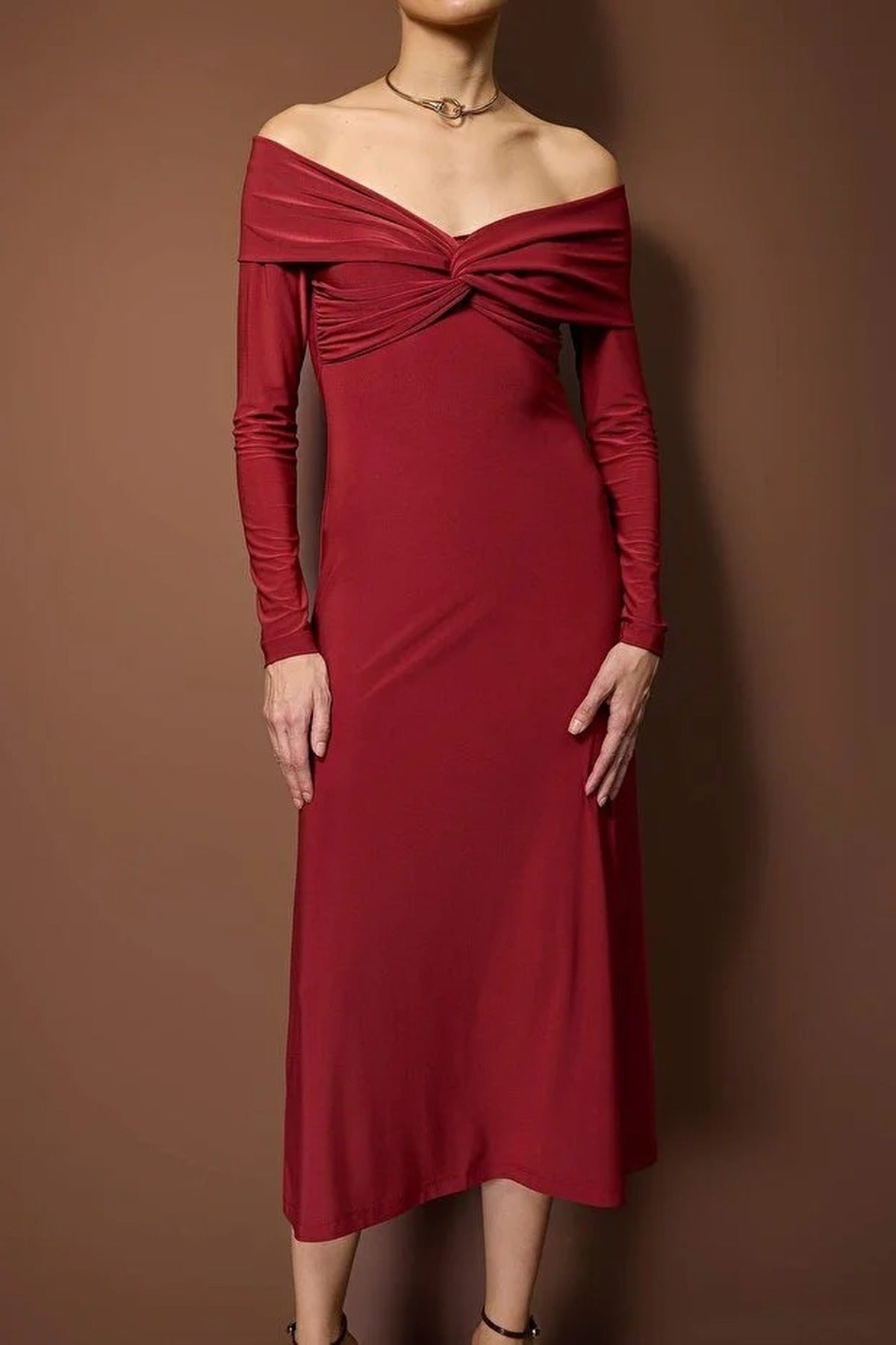 Carmen Collar A-Line Stretch Knit Midi Dress