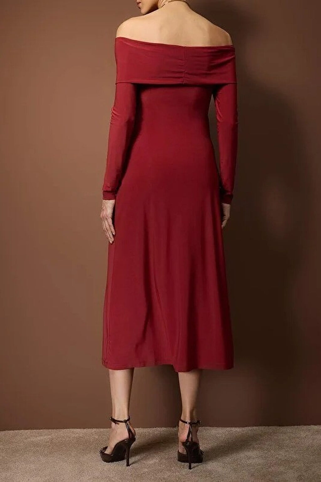 Carmen Collar A-Line Stretch Knit Midi Dress