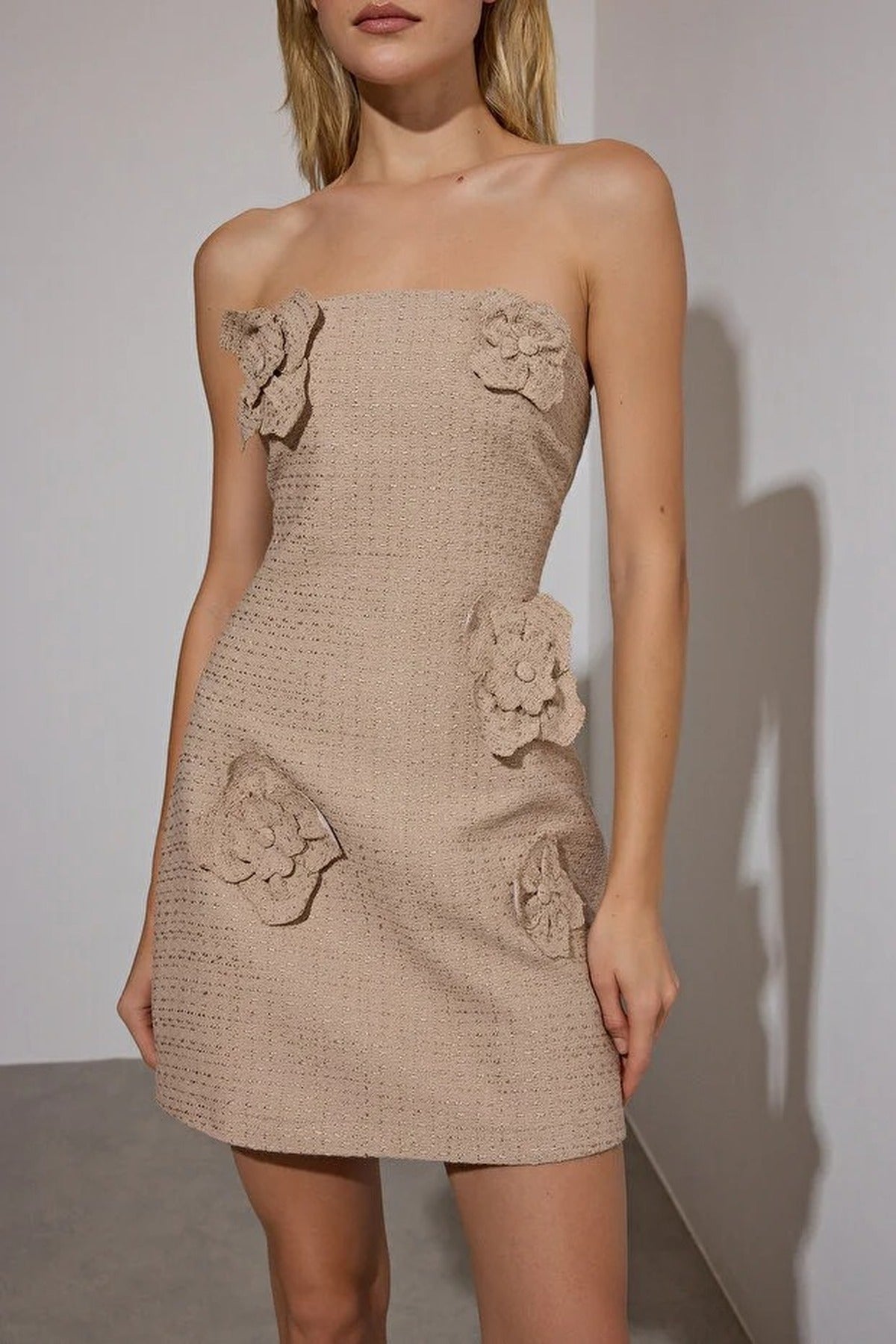 Woven Tweed Short Mini Dress with Applique Floral Detail