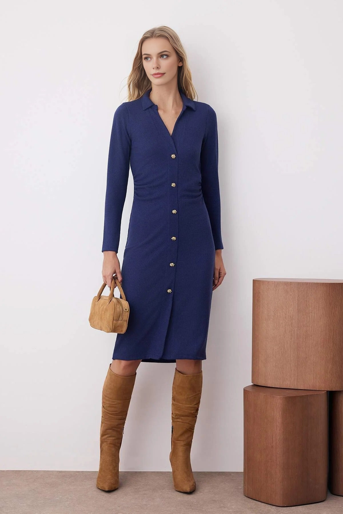 Polo Collar Bodycon Midi Knitted Dress with Button Detail