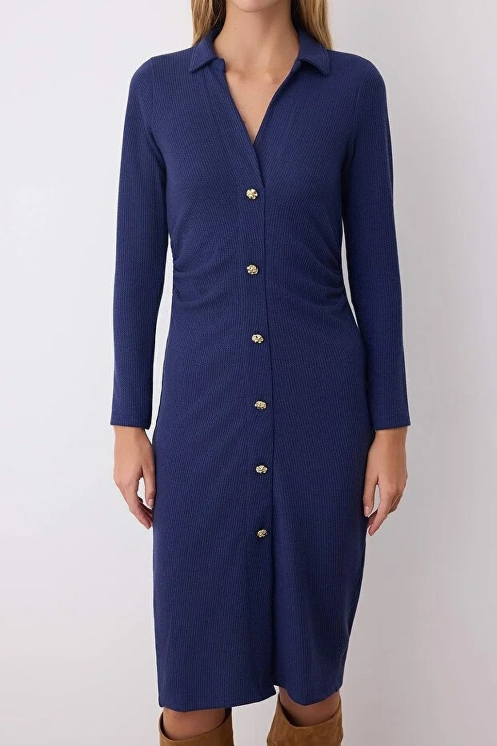 Polo Collar Bodycon Midi Knitted Dress with Button Detail