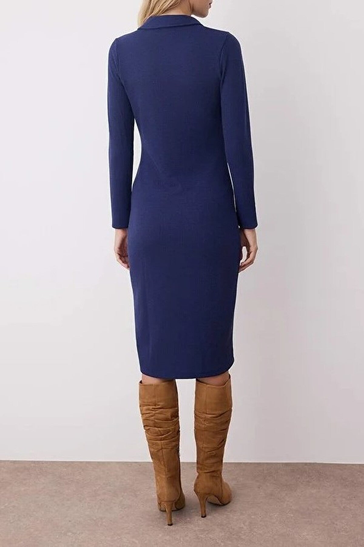 Polo Collar Bodycon Midi Knitted Dress with Button Detail
