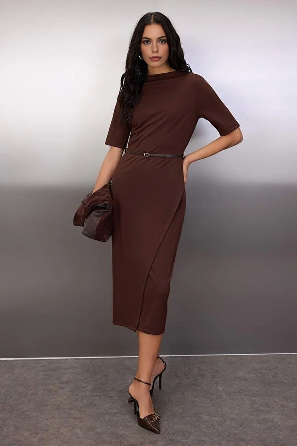 Midi Belted Truvakar Sleeve Knitted Dress