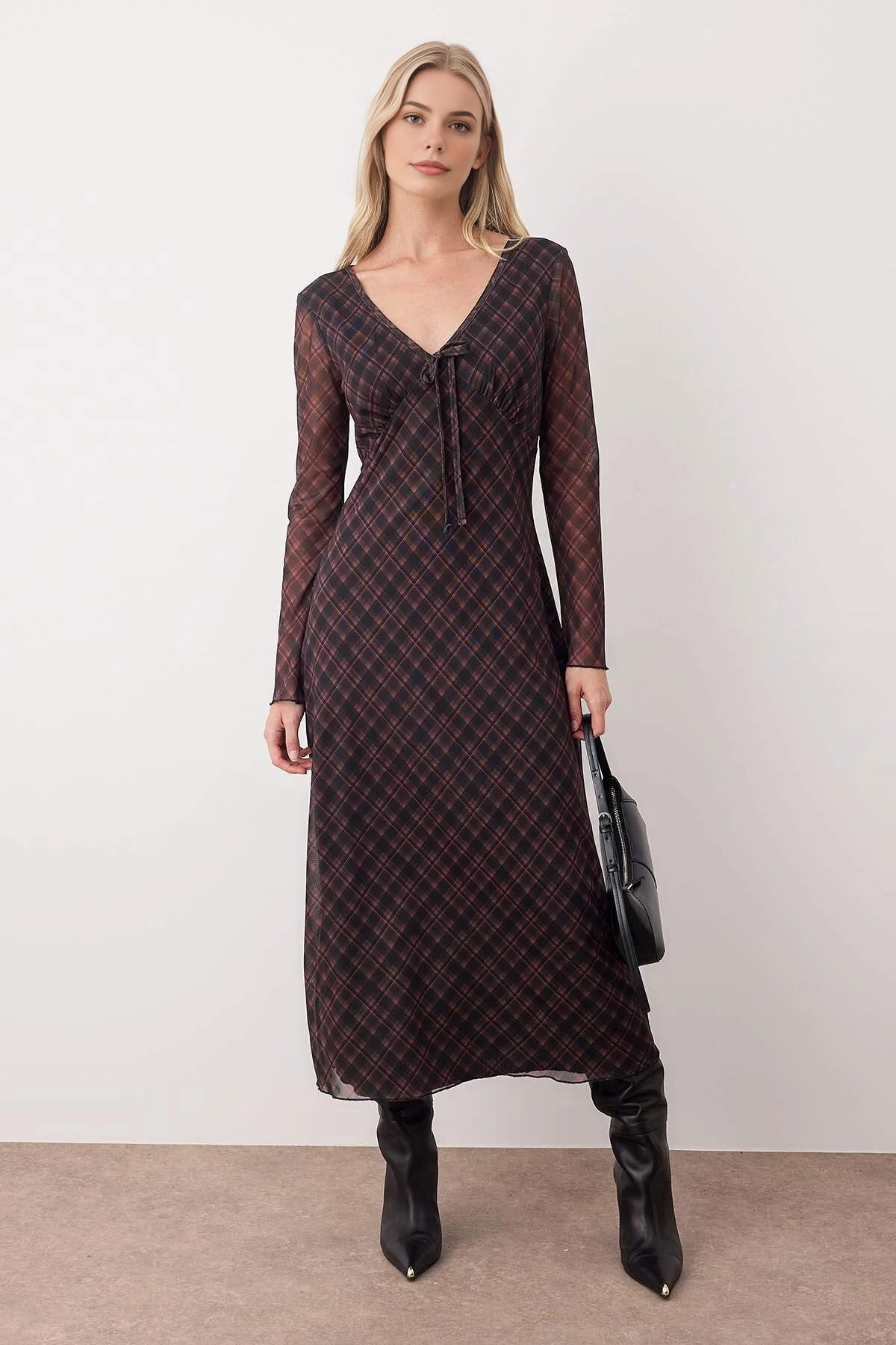 Argyle Printed Maxi Knit Dress with Tie Detail