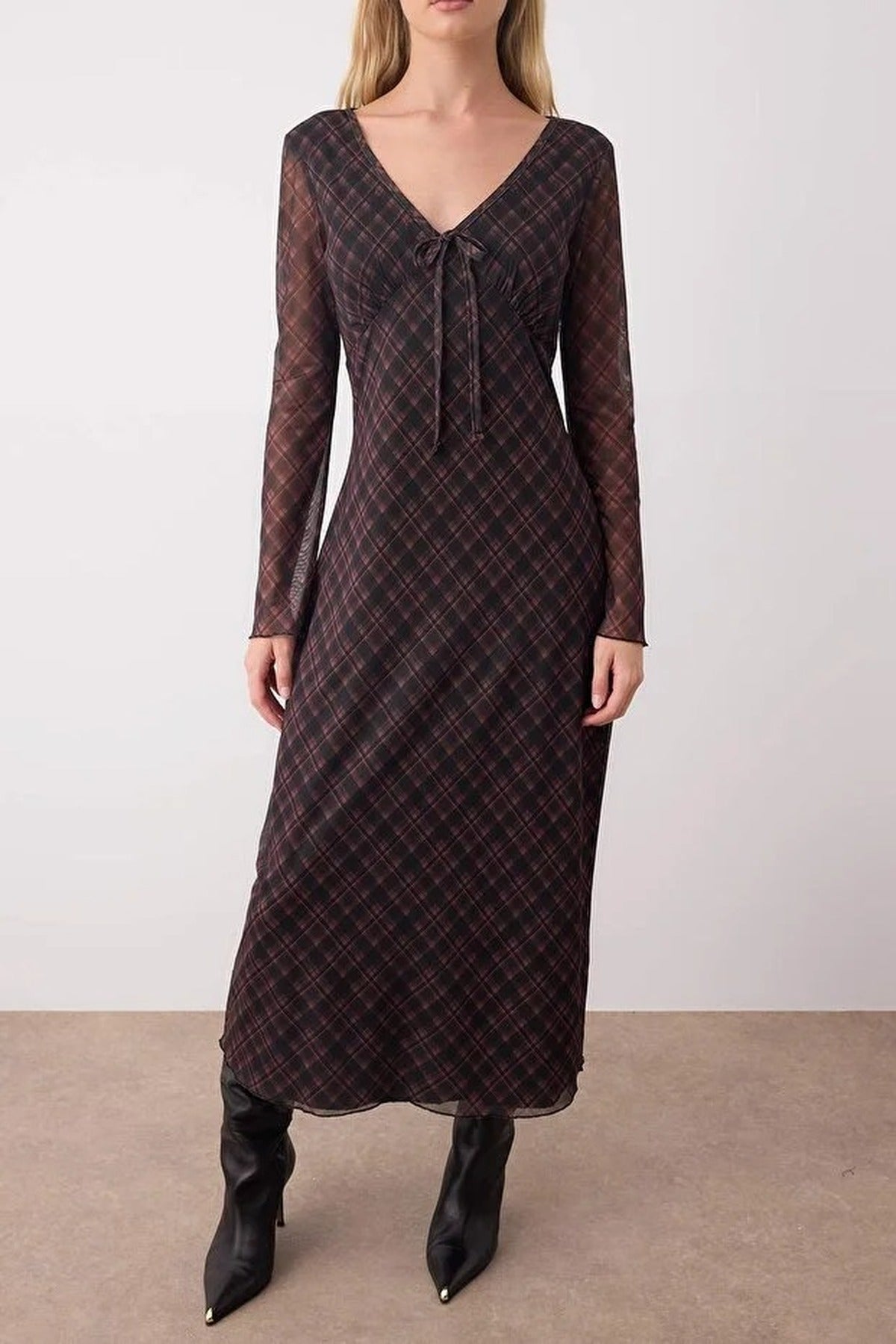 Argyle Printed Maxi Knit Dress with Tie Detail