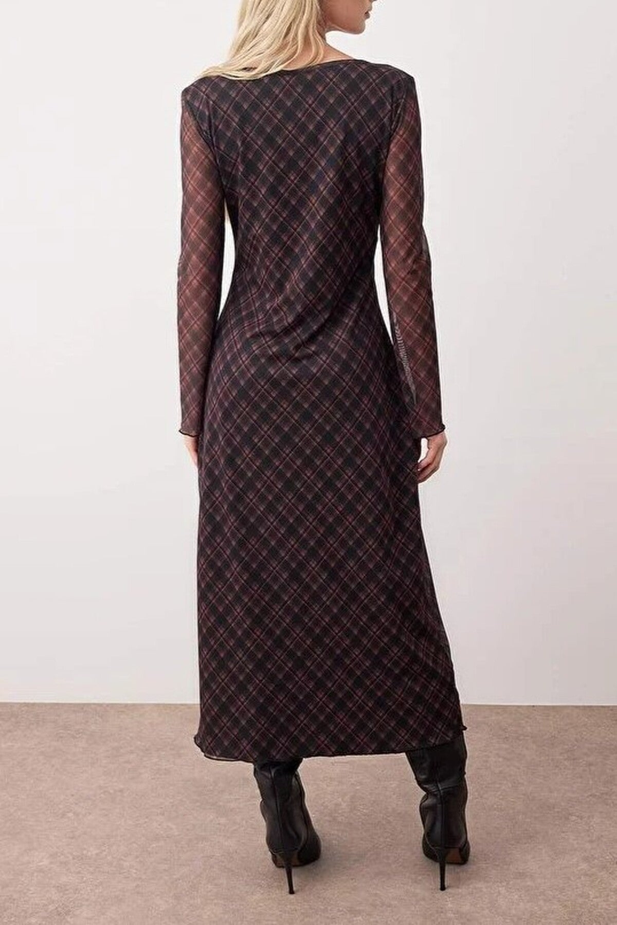 Argyle Printed Maxi Knit Dress with Tie Detail