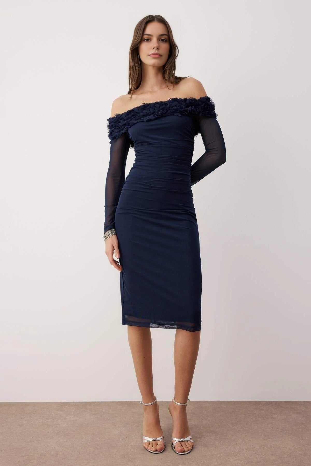 Carmen Neckline Lined Tulle Midi Dress with Rose Detail