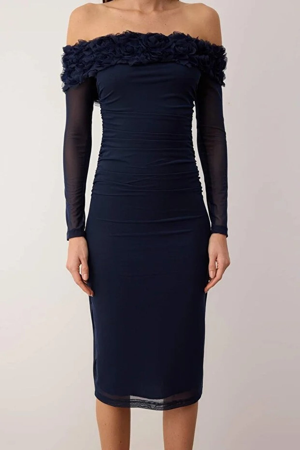 Carmen Neckline Lined Tulle Midi Dress with Rose Detail