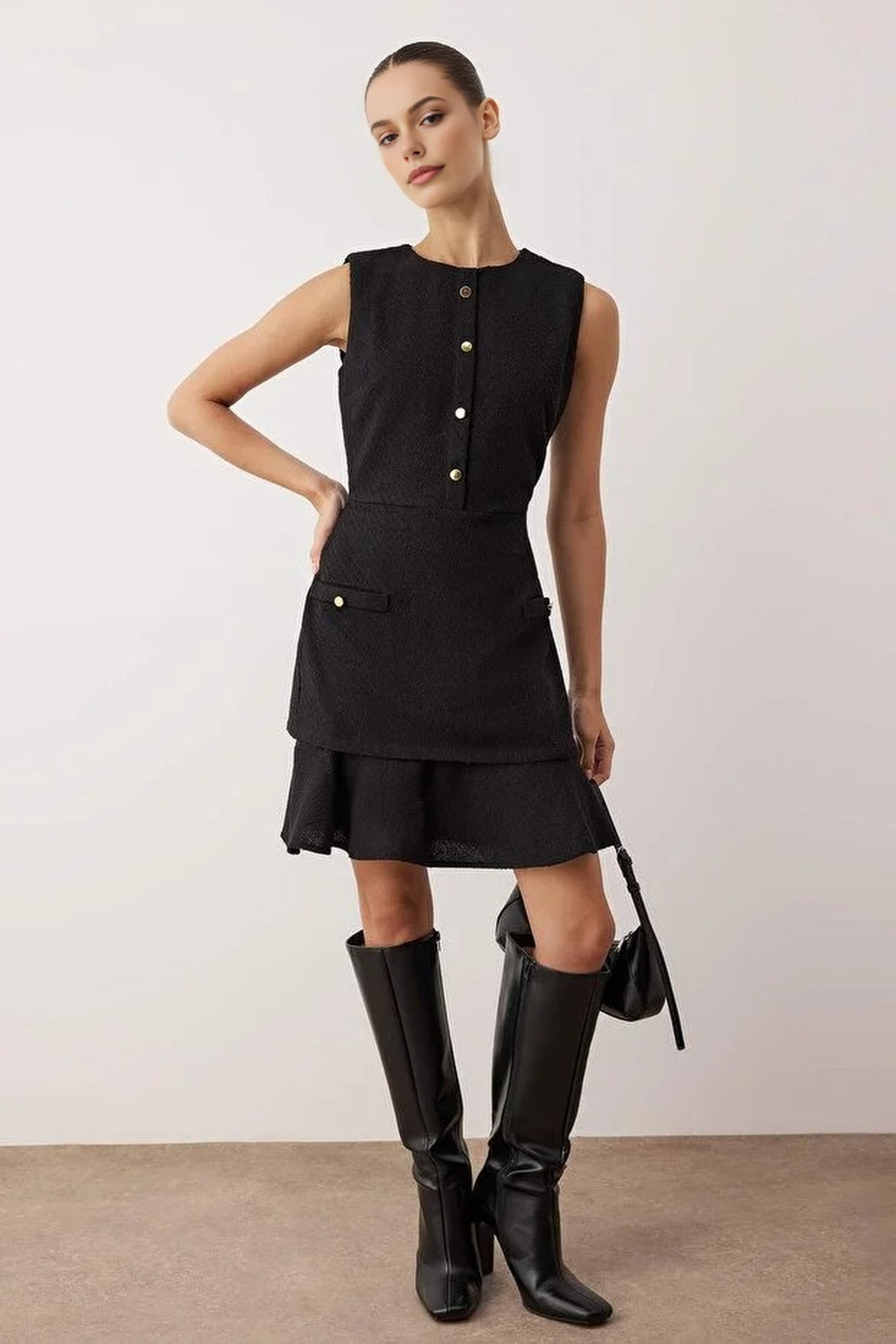 Buttoned Mini Tweed Woven Dress