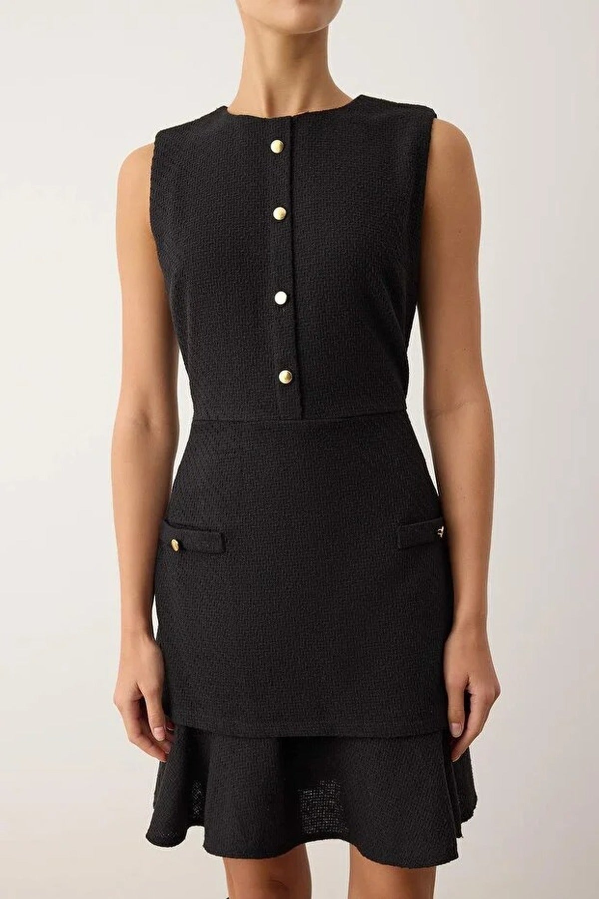 Buttoned Mini Tweed Woven Dress