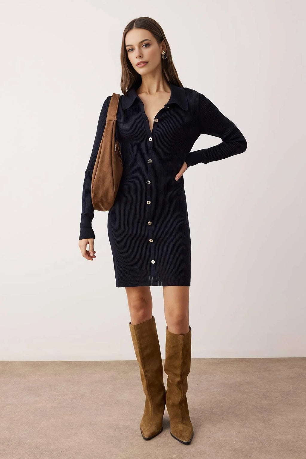 Mini Polo Neck Fitted A-line Knitwear Dress