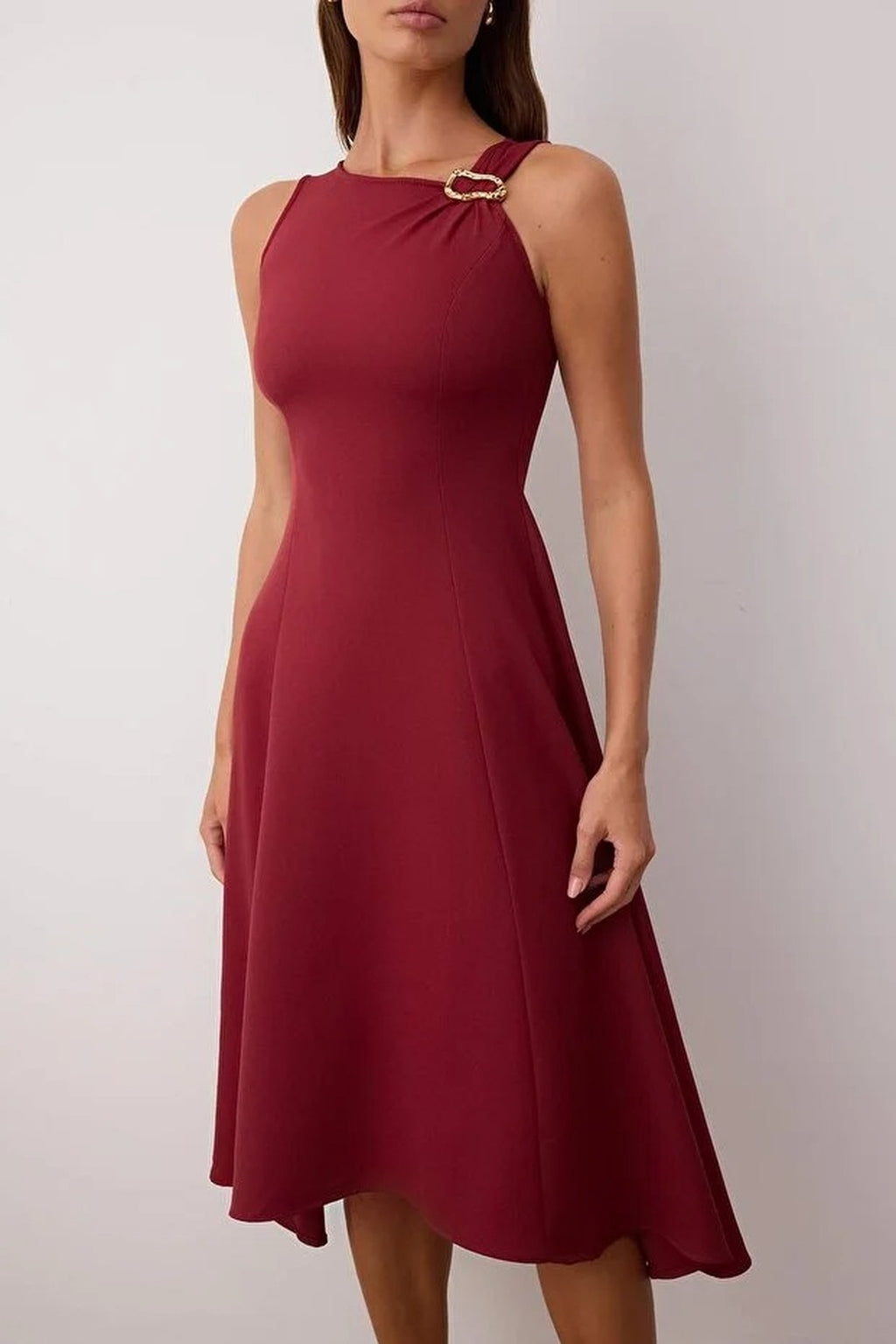 Accessory Detailed Midi Woven Dress