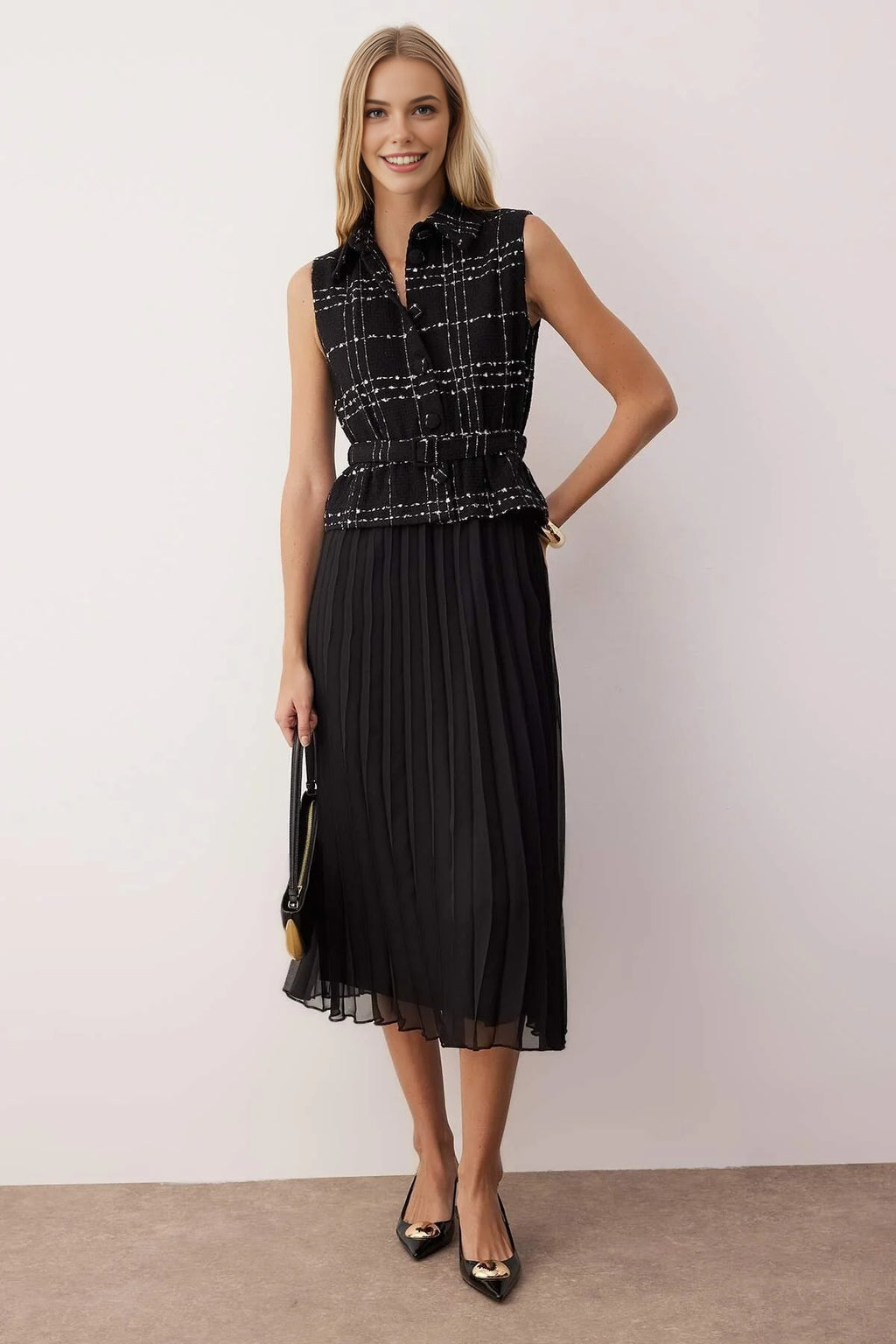 Tweed Belted Pleated Midi Woven Dress