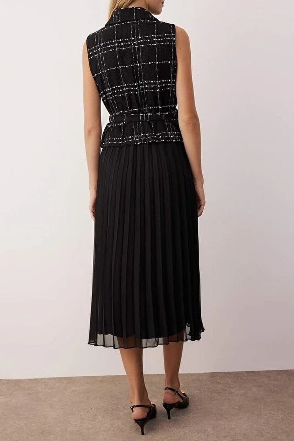 Tweed Belted Pleated Midi Woven Dress